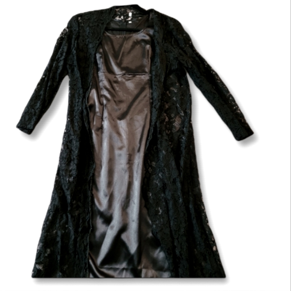 Black satin nightdress with lace duster